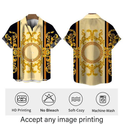 Rebaike Men's Luxury Baroque Print Shirt Gold Pattern Button Down Short Sleeve Shirt Designer-Inspired Party Top