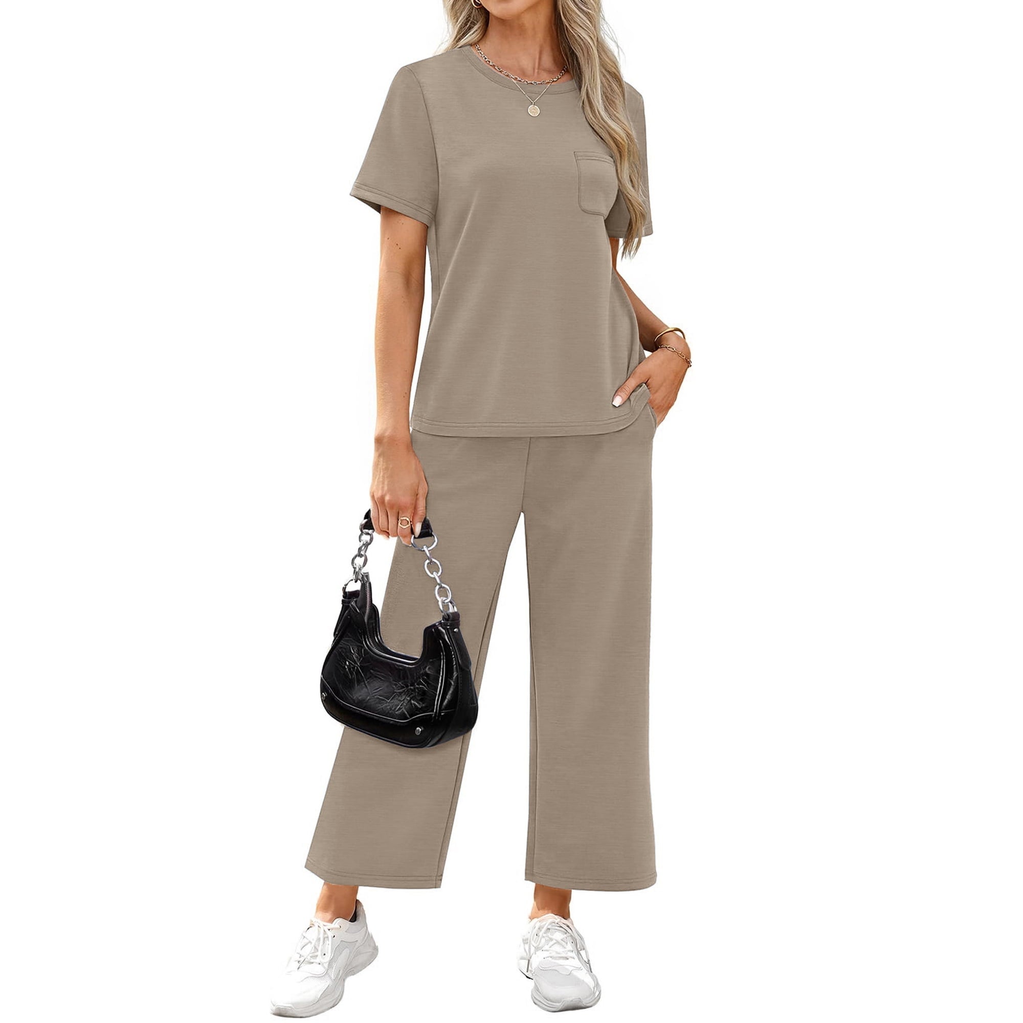 Fantaslook 2 Piece Sets for Women Casual Summer Travel Vacation Outfits Short Sleeve Tops Wide Leg Pants Lounge Sets