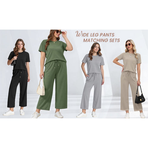Fantaslook 2 Piece Sets for Women Casual Summer Travel Vacation Outfits Short Sleeve Tops Wide Leg Pants Lounge Sets