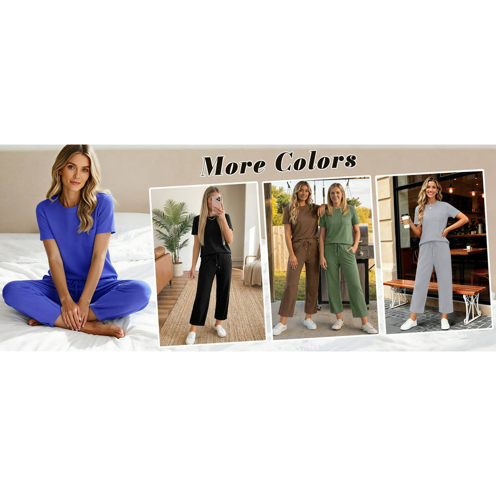 Fantaslook 2 Piece Sets for Women Casual Summer Travel Vacation Outfits Short Sleeve Tops Wide Leg Pants Lounge Sets