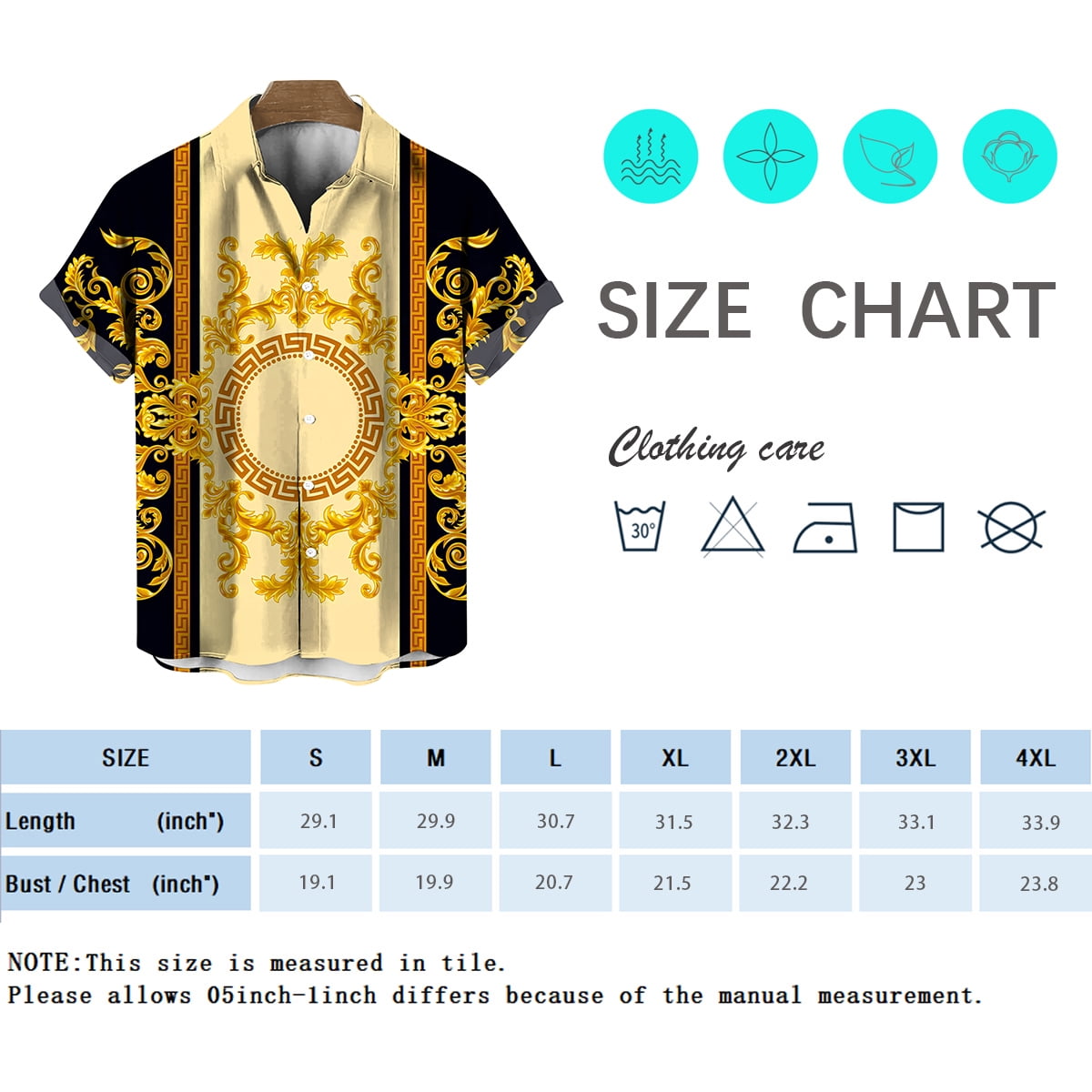 Rebaike Men's Luxury Baroque Print Shirt Gold Pattern Button Down Short Sleeve Shirt Designer-Inspired Party Top