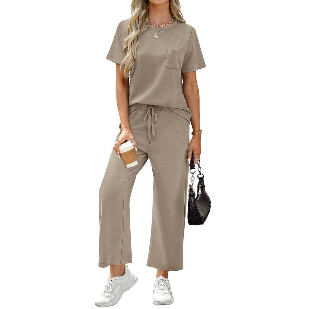 Fantaslook 2 Piece Sets for Women Casual Summer Travel Vacation Outfits Short Sleeve Tops Wide Leg Pants Lounge Sets